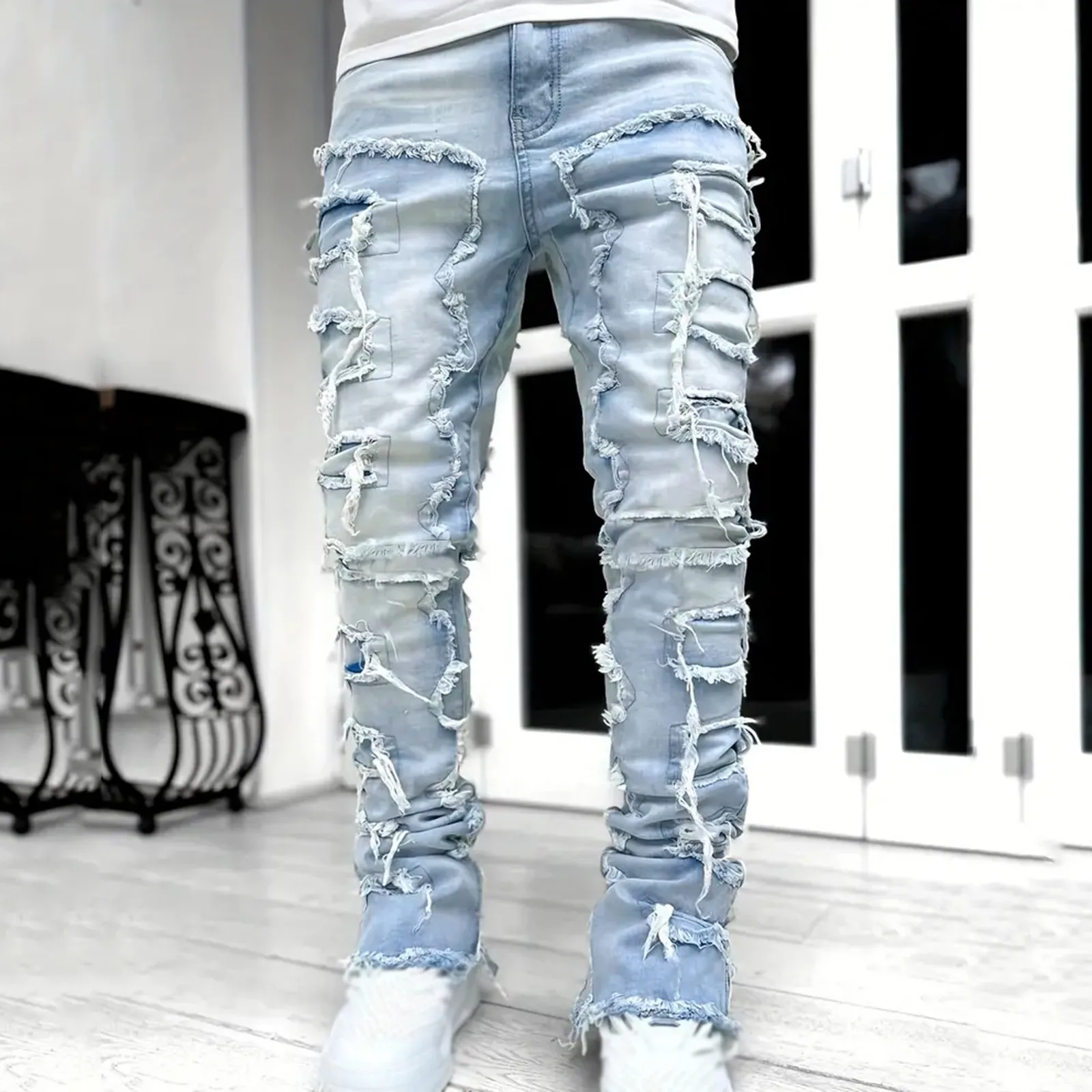 

Men's Regular Fit Stacked Jeans Ripped Slim Fit Patch Distressed Destroyed Straight Denim Pants Hip Hop Streetwear Trouser Cloth