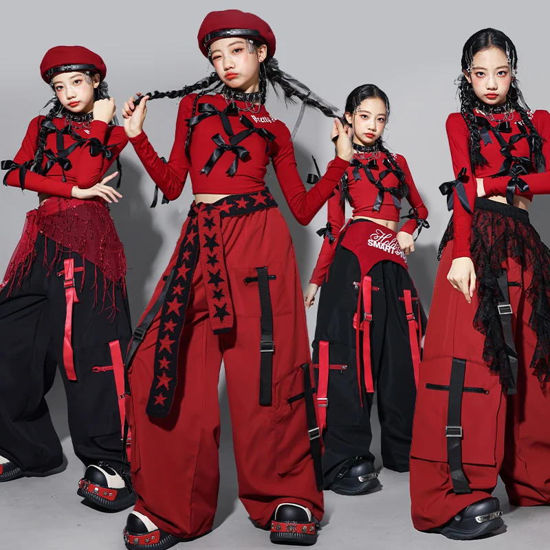 

Girls Jazz Dance Costume Kpop Stage Performance Red Outfit Crop Top Hip Hop Dance Pants Fashion Streetwear Jazz Clothes AMY3112