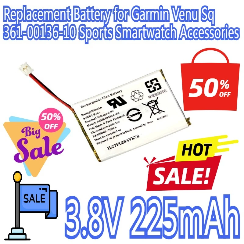 

3.8V 225mAh Replacement Battery for Garmin Venu Sq 361-00136-10 Sports Smartwatch Accessories