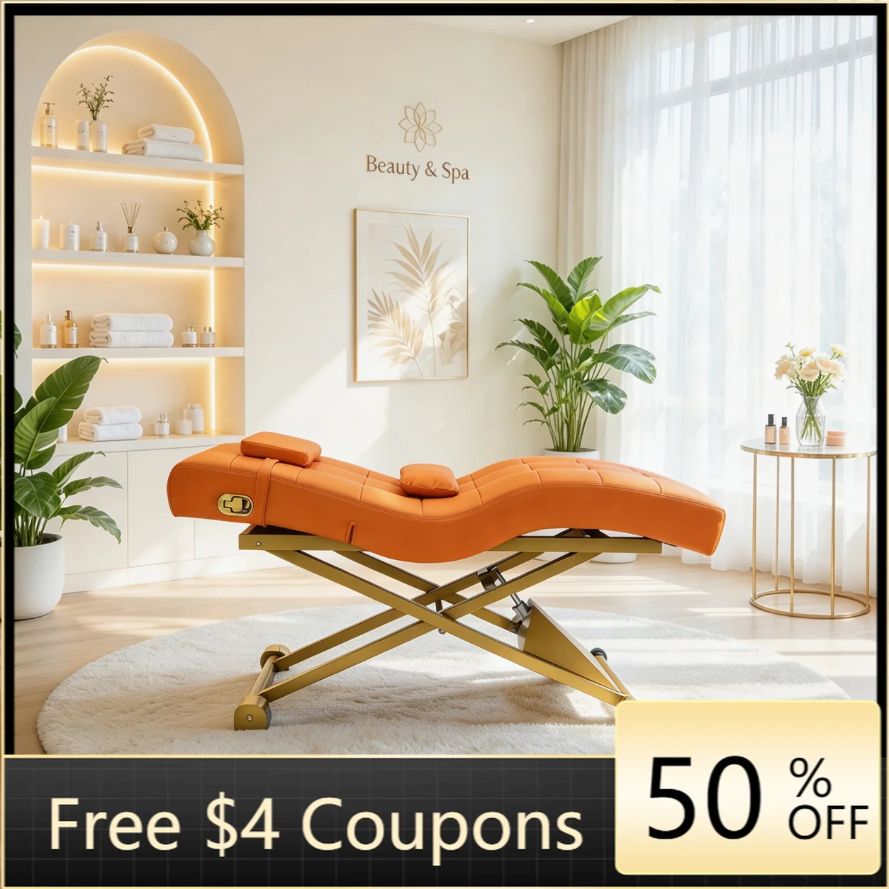 Electric Adjustable Orange Beauty Massage Bed Gold Metal Frame Hydraulic SPA Facial Bed Reclining Tattoo Chair for Salon Beauty
