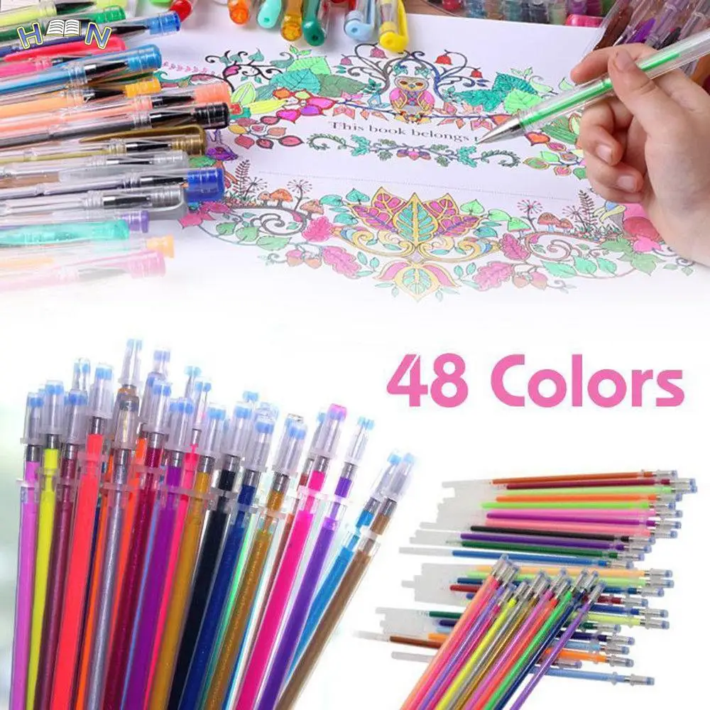 48pcs Gel Pen Set Refills Metallic Pastel Neon Glitter Sketch Drawing Color Pen School Stationery Marker for Kids Gifts