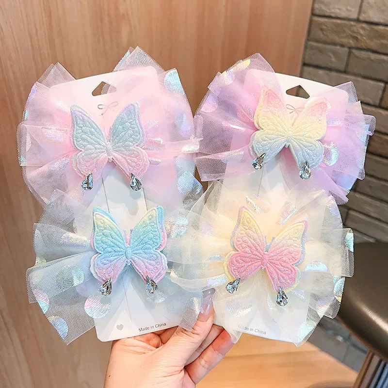 

Gradient Bow Baby Girl Hair Clips Rhinestone Butterfly Mesh Gauze Bowknot Princess Headdress Fairy Baby Hair Accessories