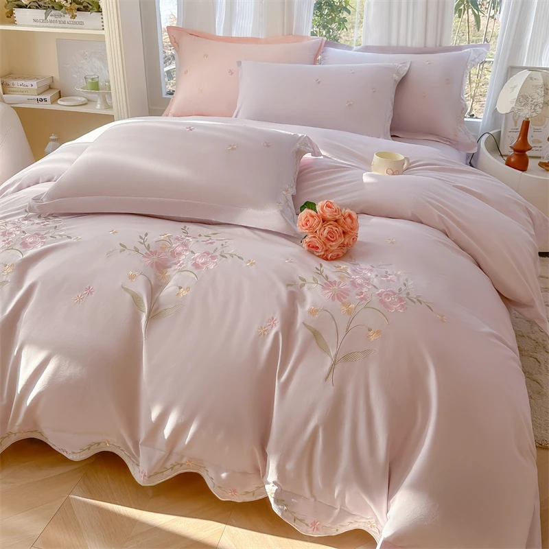 Floral Embroidery 100% Cotton Luxury Bedding Set Duvet Cover Flat/Fitted Bed Sheet Pillowcases King Queen Double Size Bed Linen