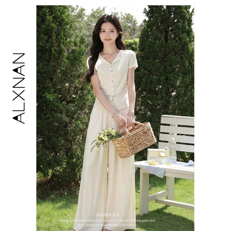 ALXNAN Women's Wide Leg Pants Summer New Casual Long Pants Lazy Loose-fit Trousers Elastic Waist Apricot Ladies Bottom L53812-5