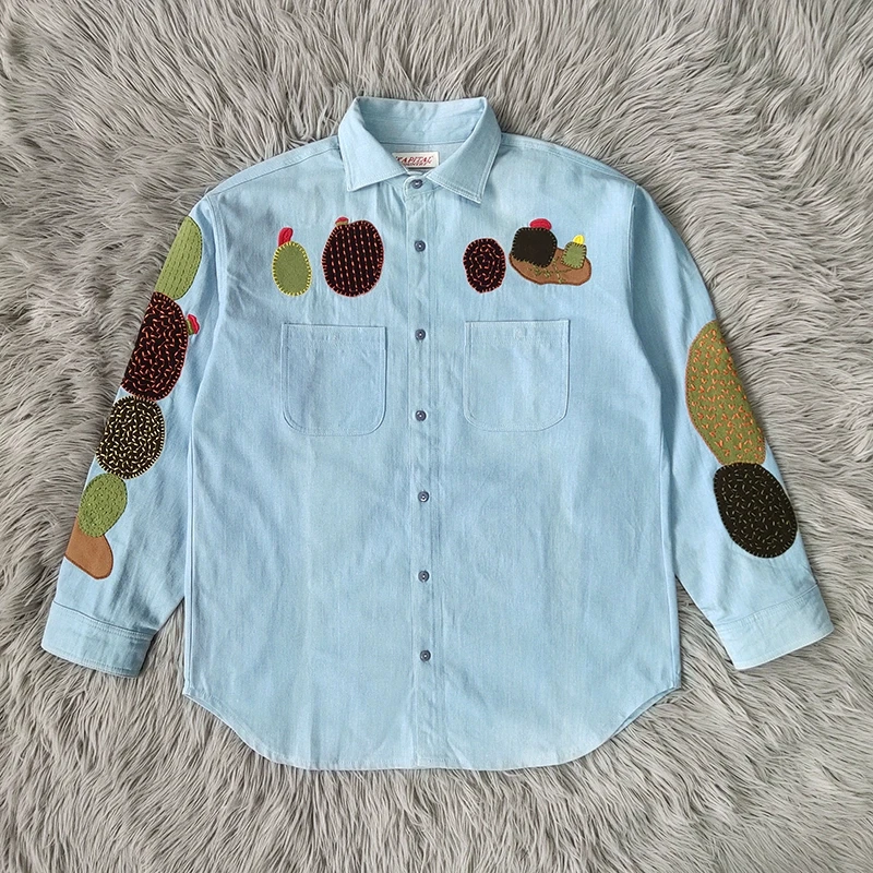 

Kapital Kountry Chambray Work Кактус вышитая винтажная ковбойская джинсовая рубашка с длинными рукавами для мужчин