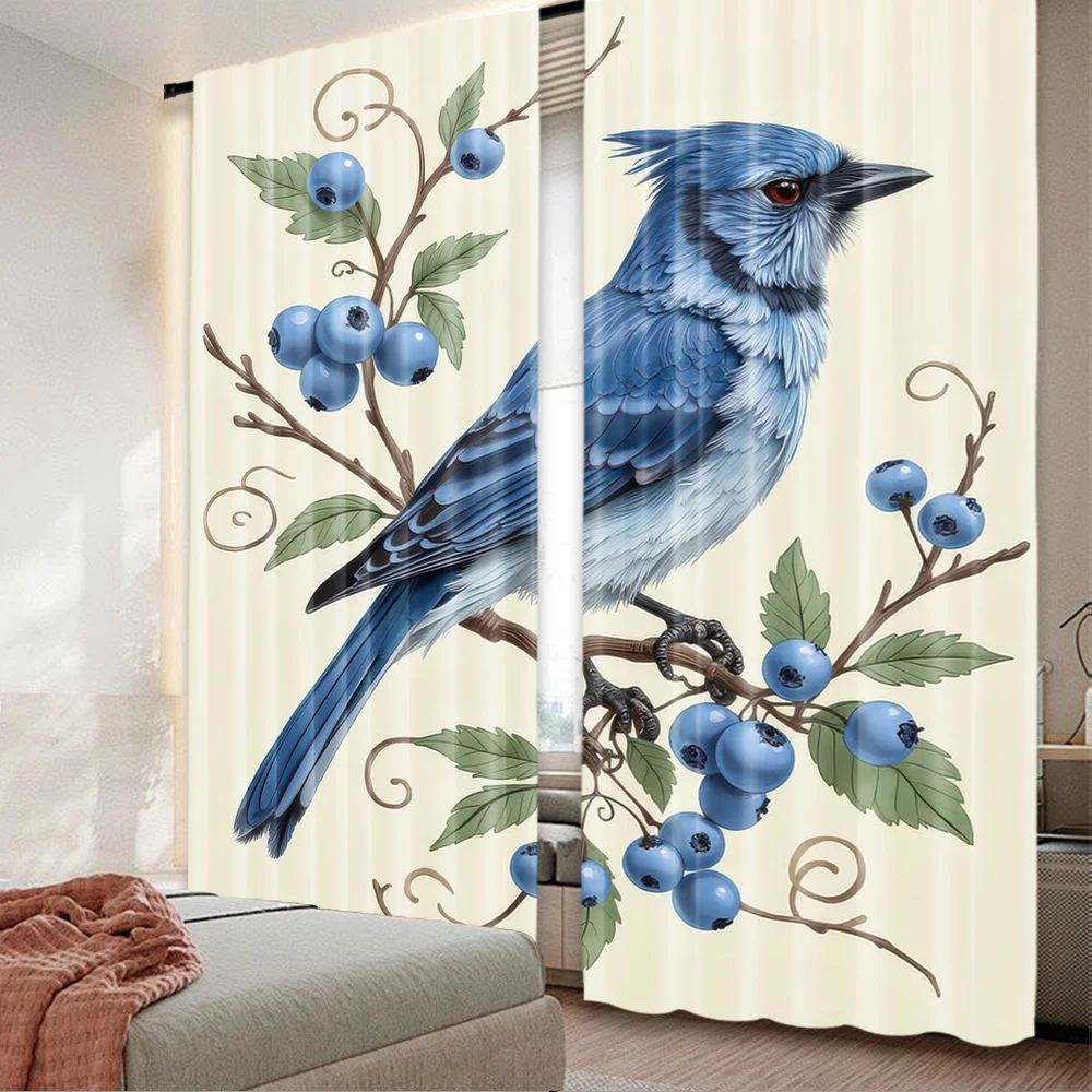 2D flat printing 2pcs Curtain Party Curtain Blue Jay and Berries Digital Printed Polyester Drapes Festive Curtains Perfect for