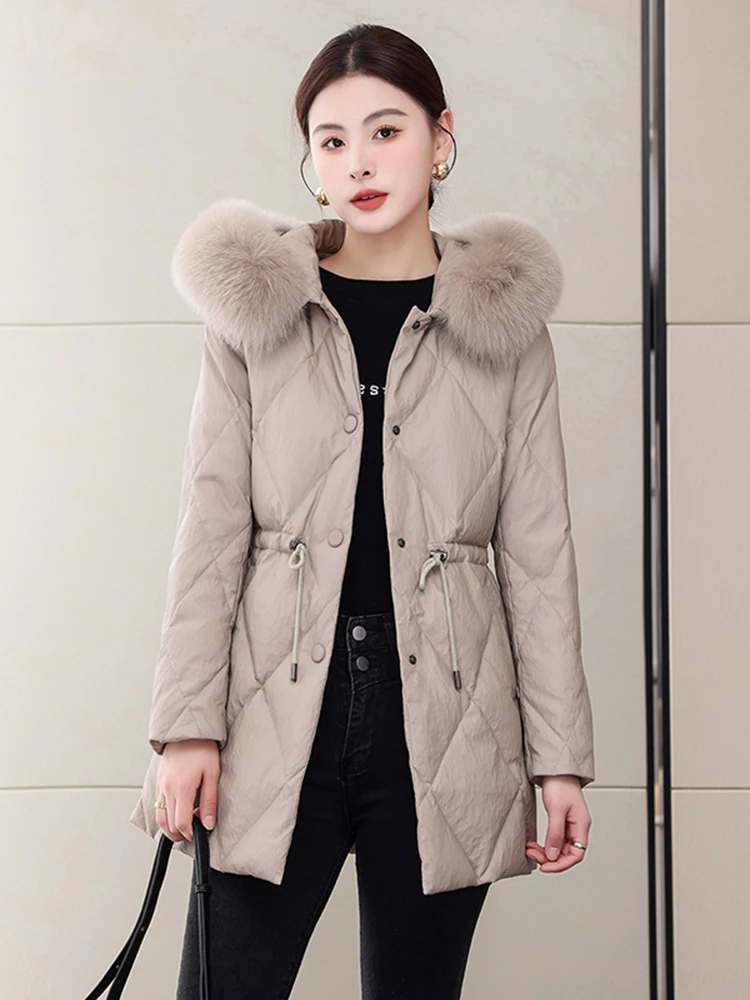   Ning Genuine Leather Down Jaet Cappotto invernale da donna di media lunghezza in pelle di pecora ispessita bianca Du Down Coat