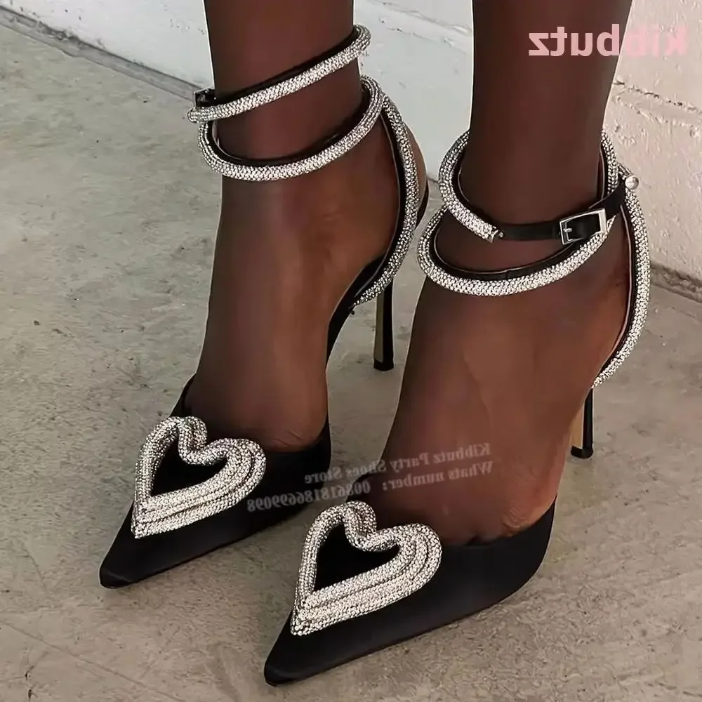 

Crystal Heart Pumps Rhinestone Glossy Ankle Strap Pointed Toe Thin Heel Solid Elegant Fashion Luxury Sexy Women Shoe 2023 Newest