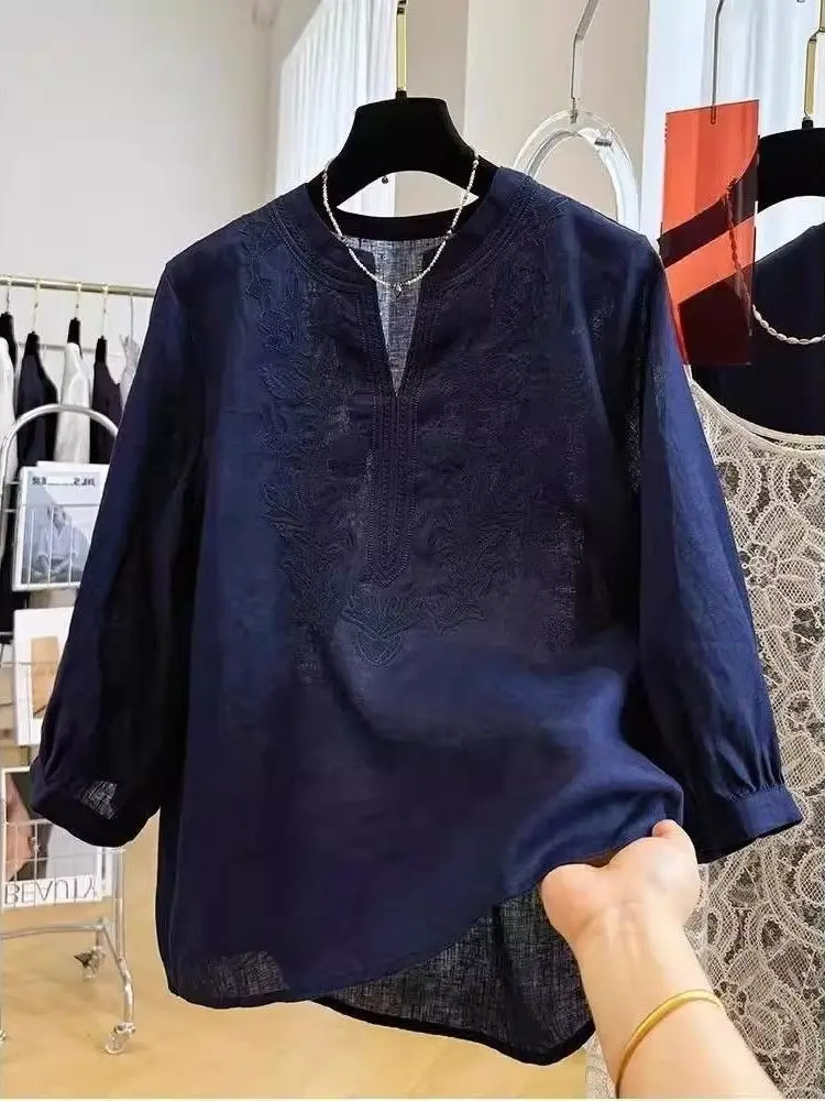 2026 New Women's Cotton Linen Embroidered Shirt Three Quarter Sleeve Thin Top Lady's Loose Fit French Style Breathable Summer...