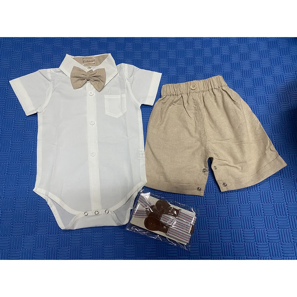 0-24M Christening Clothes for Baby Boy Outfit Church Cross Embroidery White Polo Baby Romper + Suspender Shorts Pants Suits