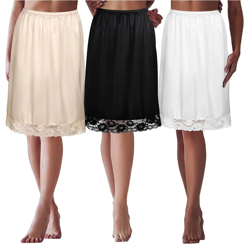 Silk Lined Lace A-Line Midi Skirt Women's mid Waist Elastic Waistband Home Daily Silk Inner Skirt Large Size under Skirt