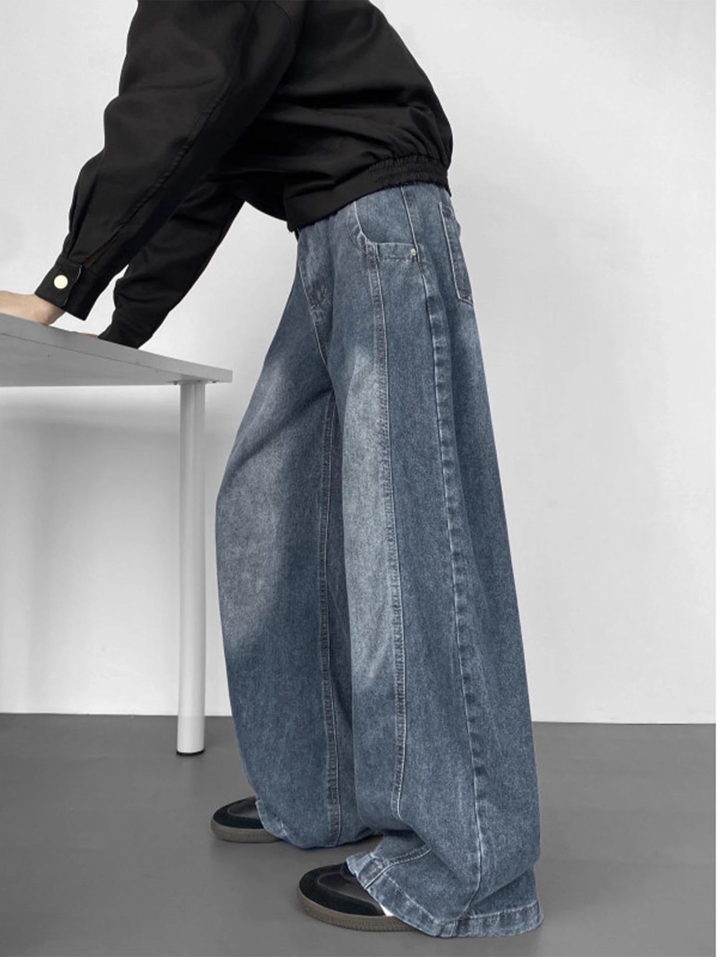 

American Splice Knife Jeans Men's Autumn Winter Waed Vintage High Street Straight Loose Wide Leg Long Pants Casual Sle