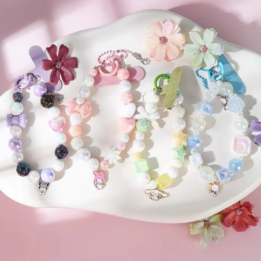 1pc Kawaii My Melody Kuromi Cinnamoroll Cartoon Beaded Mobile Phone Pendant Anime Girly Heart Cute Keychain