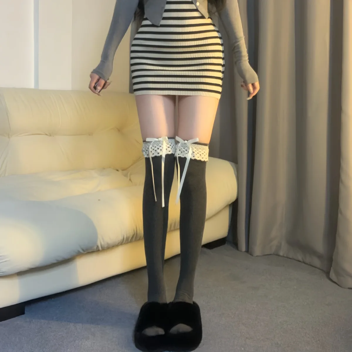 2024 Over Knee Long Sock Women Soft Comfortable JK Girl Sweet And Lovely Lace Ruffle Trim Thigh High Socks Ribbon Bowknot