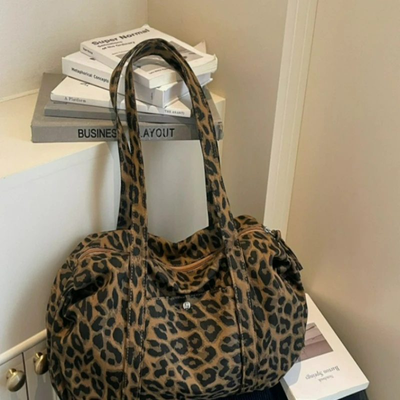 

Модная парусиновая сумка на плечо с леопардовым принтом, большая вместительная модная сумка-тоут с ручкой для ежедневных поездок на работу, простые сумки для хранения