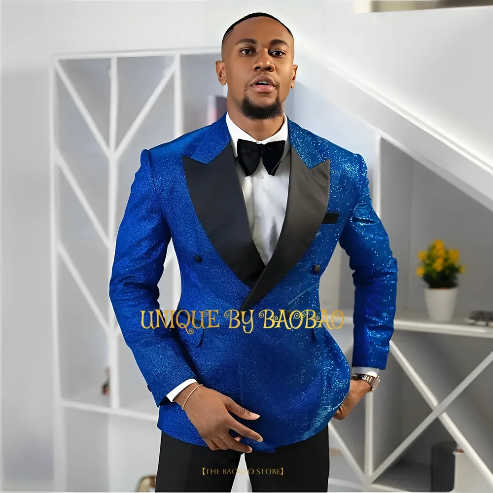 Royal Blue Glitter Men's Wedding Dress Slimming Set 2-Piece (Jacket+Black Pants) Party Prom Peak Lapel Tailored Tuxedo