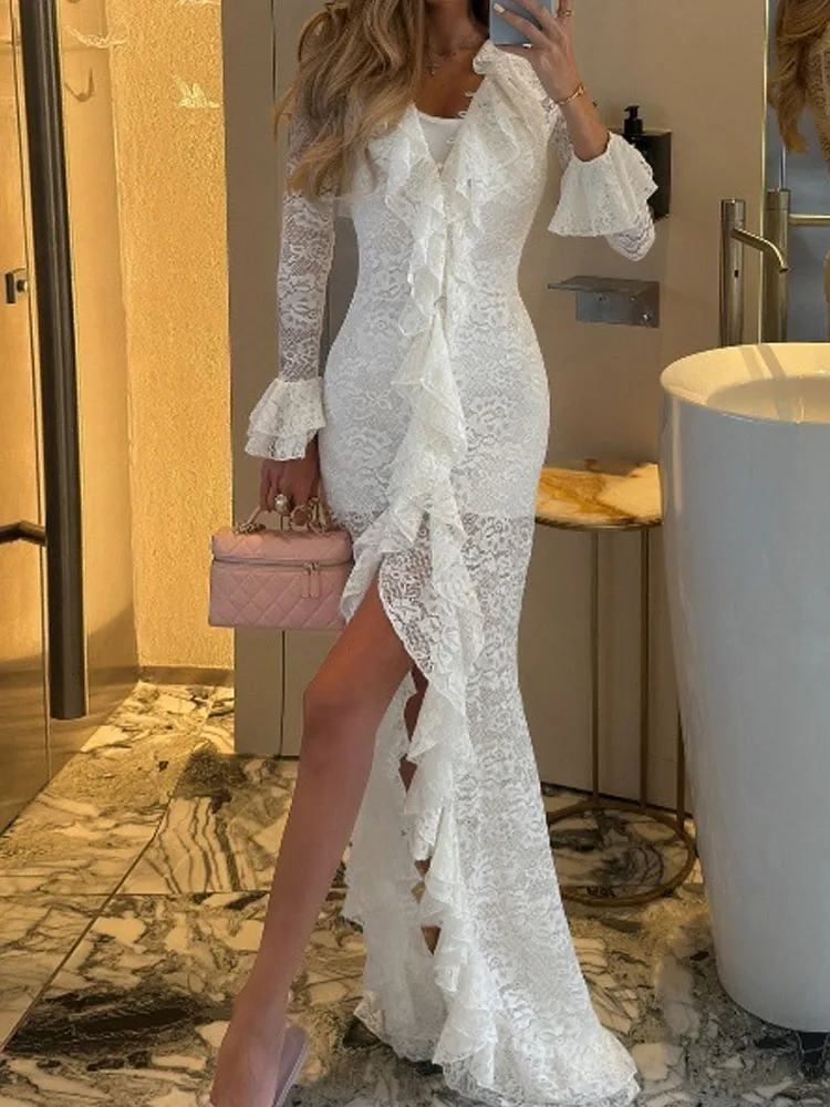Sexy V-neck Flared Sleeve Bodycon Women Party Dress Casual Street High Waist Long Dress White Ruffled Lace Irregularity Dresses
