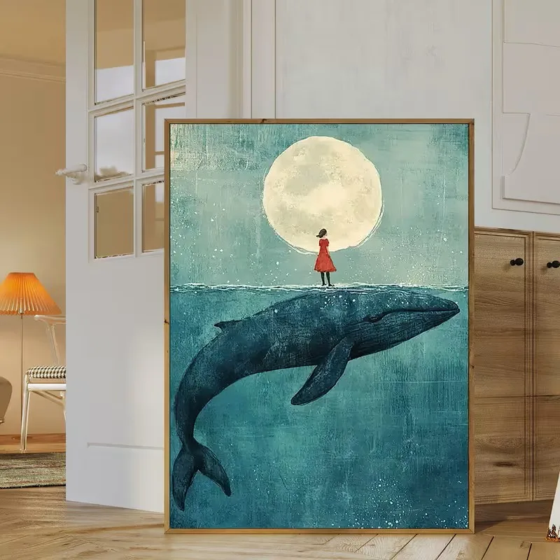Blue Fairy Moonlight Canvas Printed Watercolor Wall Art Girl Ostracean Cyan Background Bedroom Living Room Bar Home Decoration