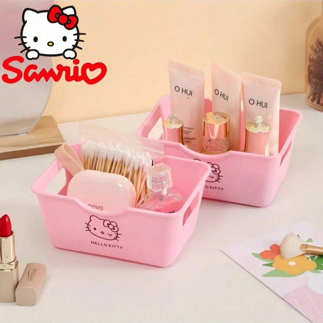 Sanrio Niedliche Hello Kitty Schreibtischdekoration und Aufbewahrungskorb, Multifunktionales Aufbewahrungsbox-Set für Kosmetik, Schreibwaren, Snacks