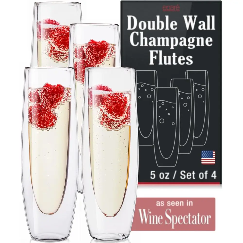 

Double Wall Champagne Glasses Set of 4 for Mimosas, Prosecco, and Cocktails - Lightweight Stem Lute Glasses for Celebrations