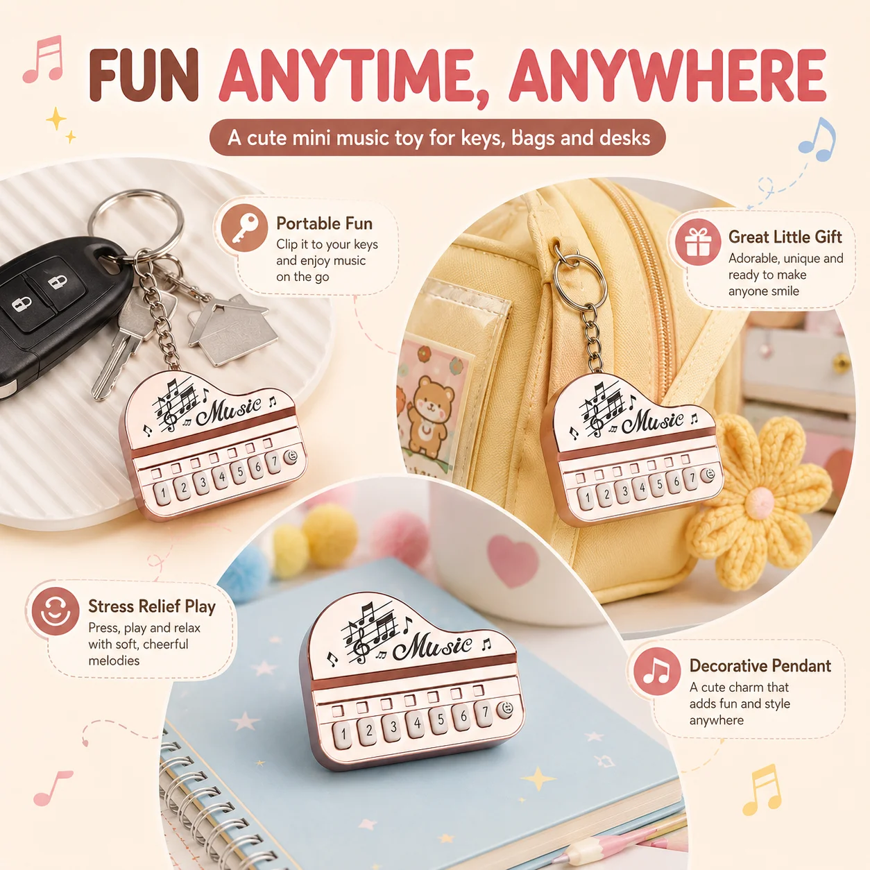 Xmas Gift 7 Keys Pocket Musical Piano Keychain Metallic Gloss Decorative Ornament Holiday Present For Daily Carry 1/2/3 PCS