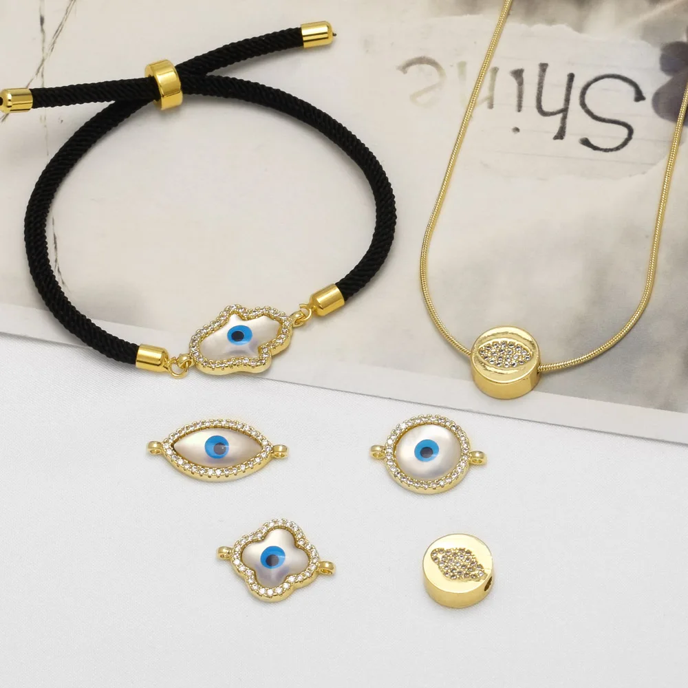 OCESRIO White Crystal Enamel Evil Eye Hamsa Hand Charm Copper Gold Plated Connector Pendant Jewelry Making Supplies chma672