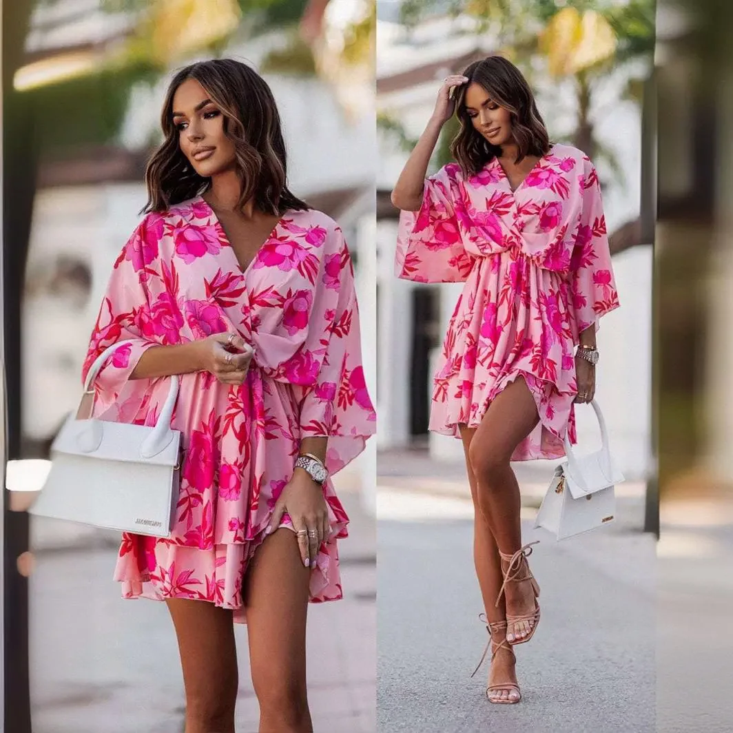 

Elegant Women's Printed V-neck Dress Jurken Met Korte Mouwen Elbise Robe Vestidos Elegantes Mujer Women's Clothes