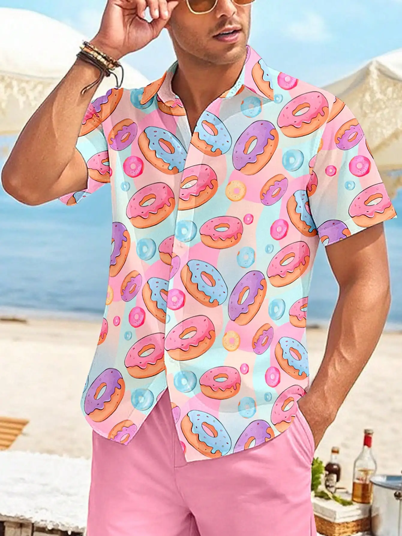 

Men's Short Sleeve Button-Down Shirt with Colorful Donut Print, Beach Vacation Casual Wear