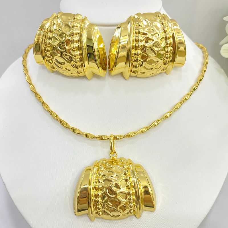 Luxus Dubai 18K Gold Farbe Schmuck-Set Für Frauen Kupfer Halskette Ohrringe Afrika Braut Hochzeit Party Mode Schmuck Zubehör