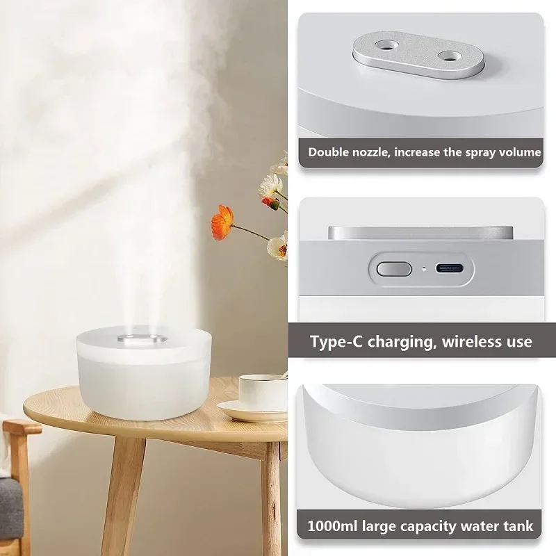 1000ML Large Capacity Air Humidifier Dual Spray with Night Light Low Noise Rechargeable Wireless Ultrasonic Humidifier