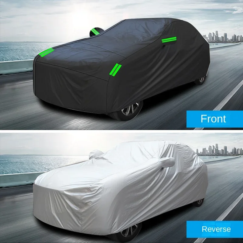 Nova capa de carro, tecido revestido de prata 190t preto completo, capa de carro para proteção solar contra chuva com faixa reflexiva capa de carro de poliéster