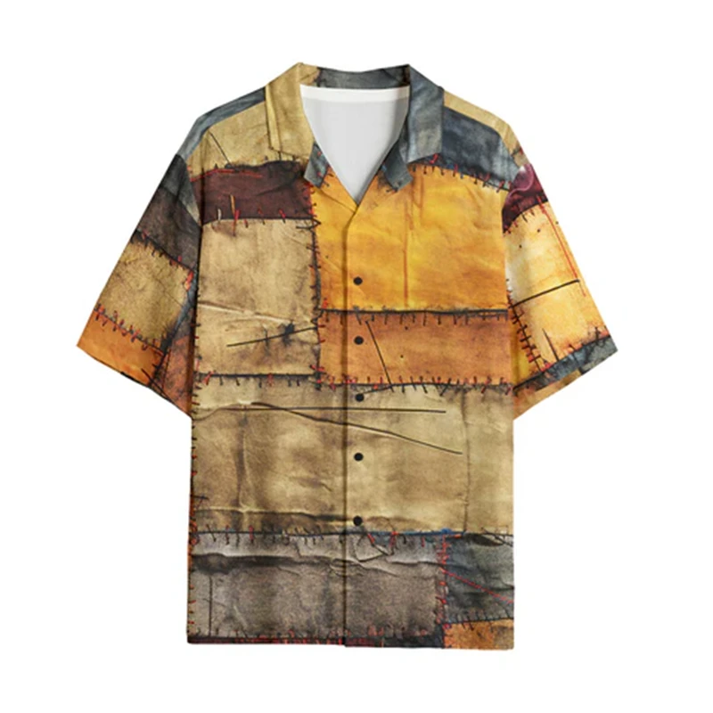 Men\'s Casual Shirts Fake Spliced Denim Printed Camisa Men Fashion Hawaiian Shirt Beach Blouses Short Sleeve Vocation Lapel Tops