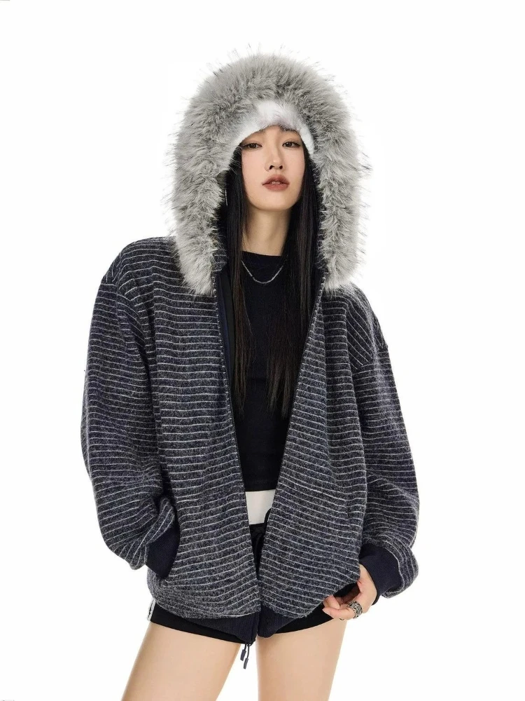 Amerykańska moda retro, płaszcz w paski z kapturem, damski, casualowy, kardigan w stylu Y2k, kurtki, estetyka Harajuku z lat 2000, vintage bluzy