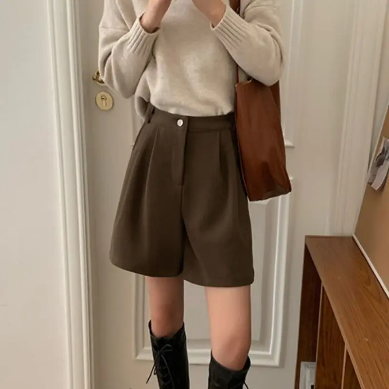 Women Baggy Medium Length Short Pants 2025 New Summer Lady Korean Concise Solid Suit Pants Girls Casual Thin High Waisted Shorts