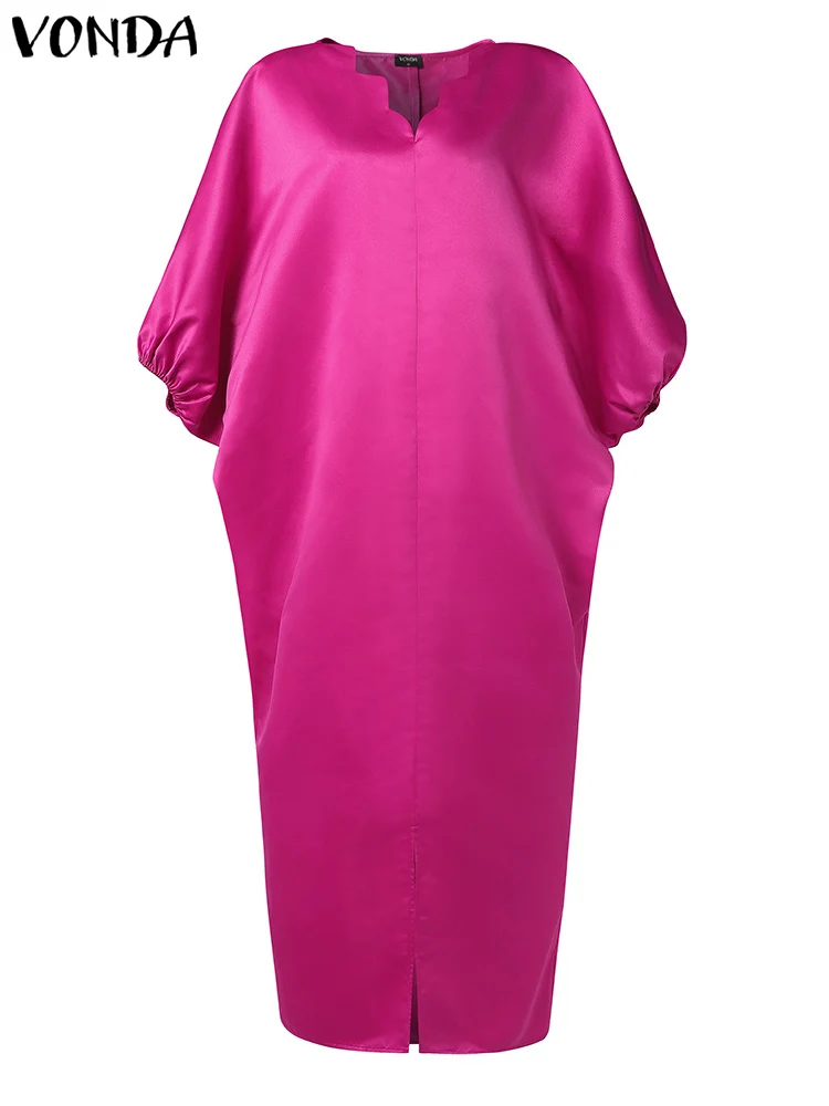 

Party Maxi Long Dress 2025 Women Bohemian Solid Color Sundress Vintage Bat-wing Sleeve V Neck Vestidos Casual Loose Robe Femme