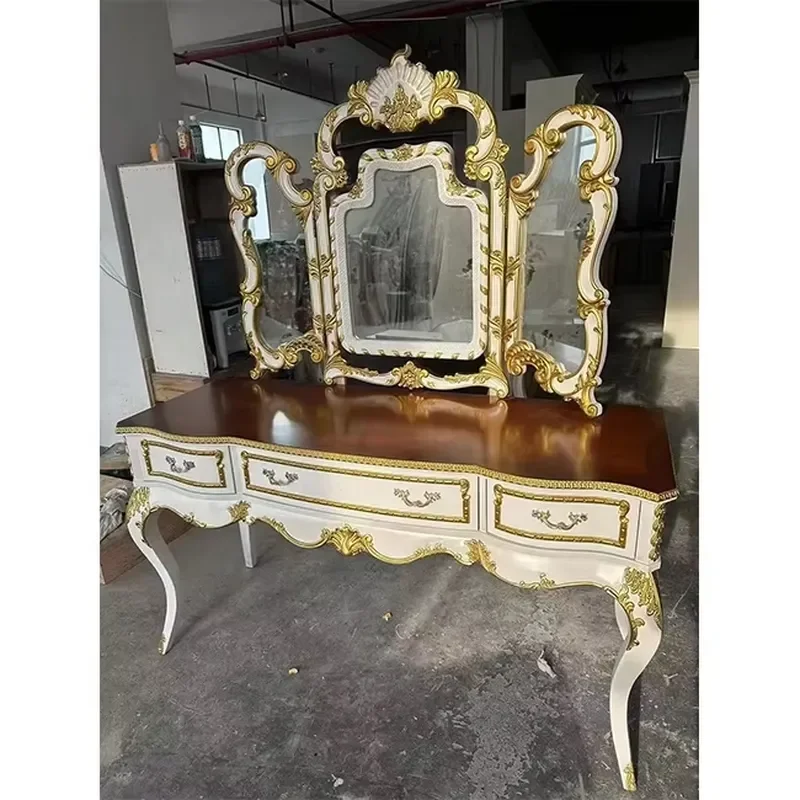 French Gilded Carved Tri-Fold Mirror Dressing Table