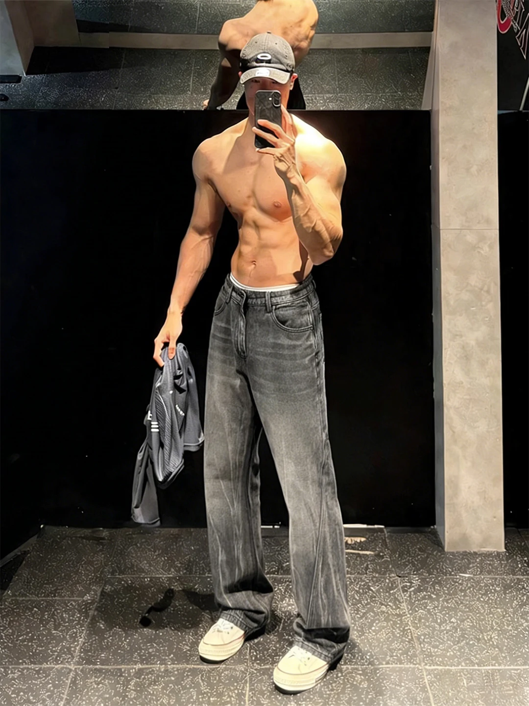 

Зимние утепленные мужские джинсы с флисовой подкладкой, черные, с бамбуковой текстурой, прямые, до колена, кэпри, буткэт, в американском уличном стиле