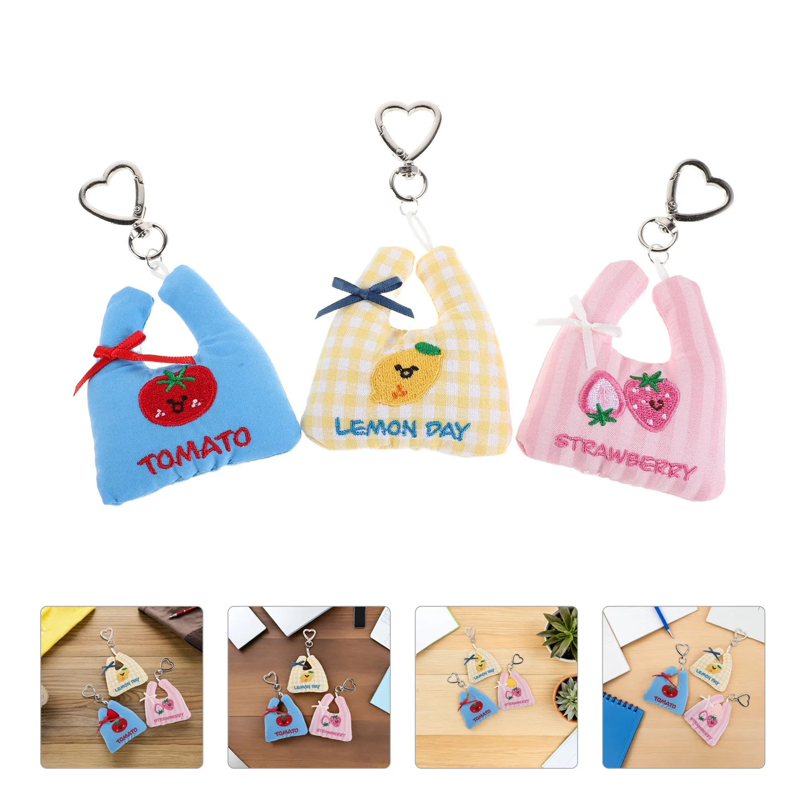 

3Pcs Fruit Key Chains Pack Strawberry Lemon Tomato Cute Kawaii Bag Charms Mini Tote Purse Accessories for Kids