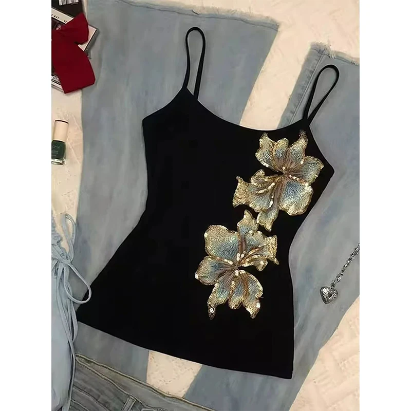 American Style Retro Print Strap Vest Women Slimming Sleeveless Top Fashionable Summer Lightweight Casual round Neck Short