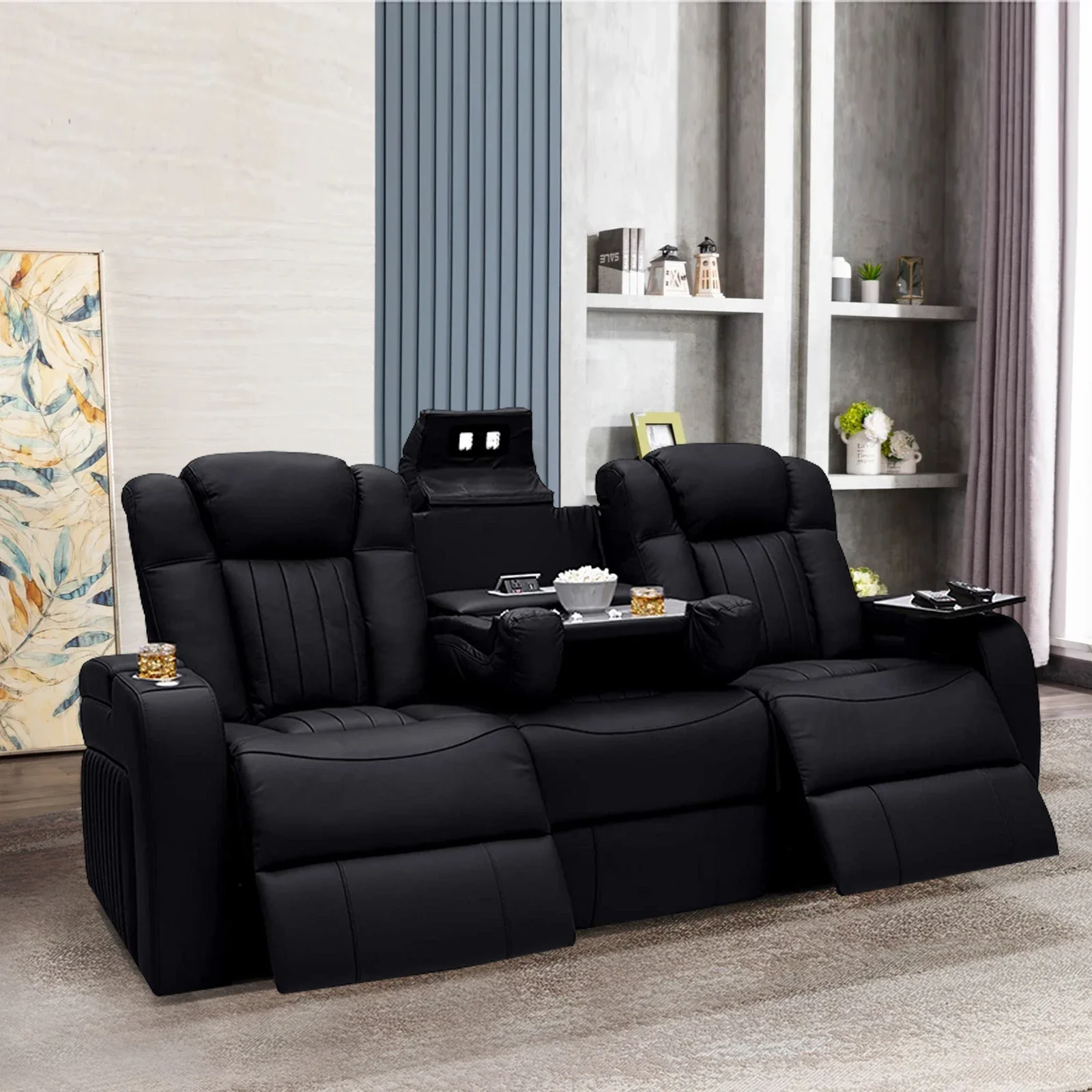 Luxury Private Customized Italian Top Grain Leather Electric Power Recliner LED Home Theater Cinema Sofa with Coffee Table