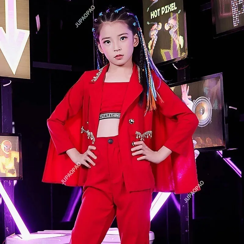 

New Children's Jazz Dress K-pop Red Suit Girls' Dress Urban Dance Girl Fashion Model Catwalk Cool Clothes for Children 3 Pcs