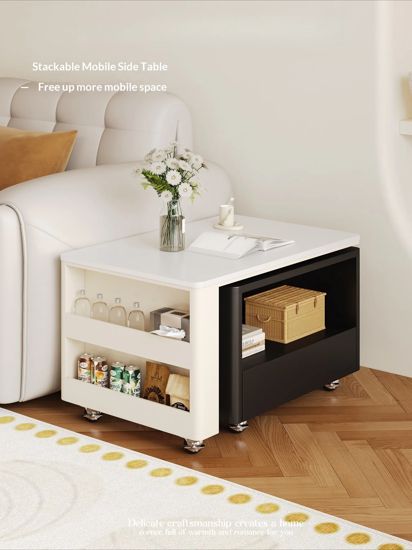 Any Size Custom Foldable Coffee Table Sintered Stone Top Mobile Storage Cabinet Rounded Corners Scratch Heat Resistant Living Ro
