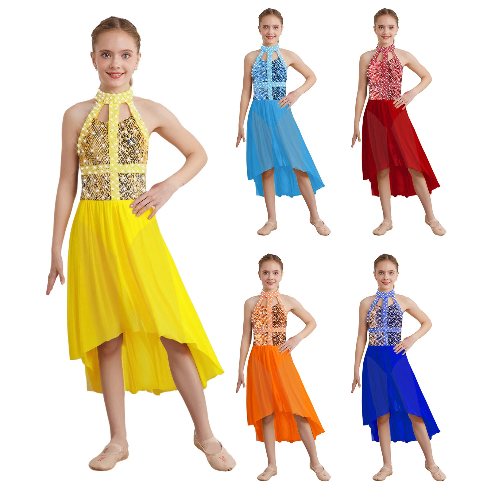 

Girls Contemporary Lyrical Dance Dress Halter Sleeveless Sparkly Rhinestones Bodysuit Snakeskin Printed Mesh Hem Dress Dancewear