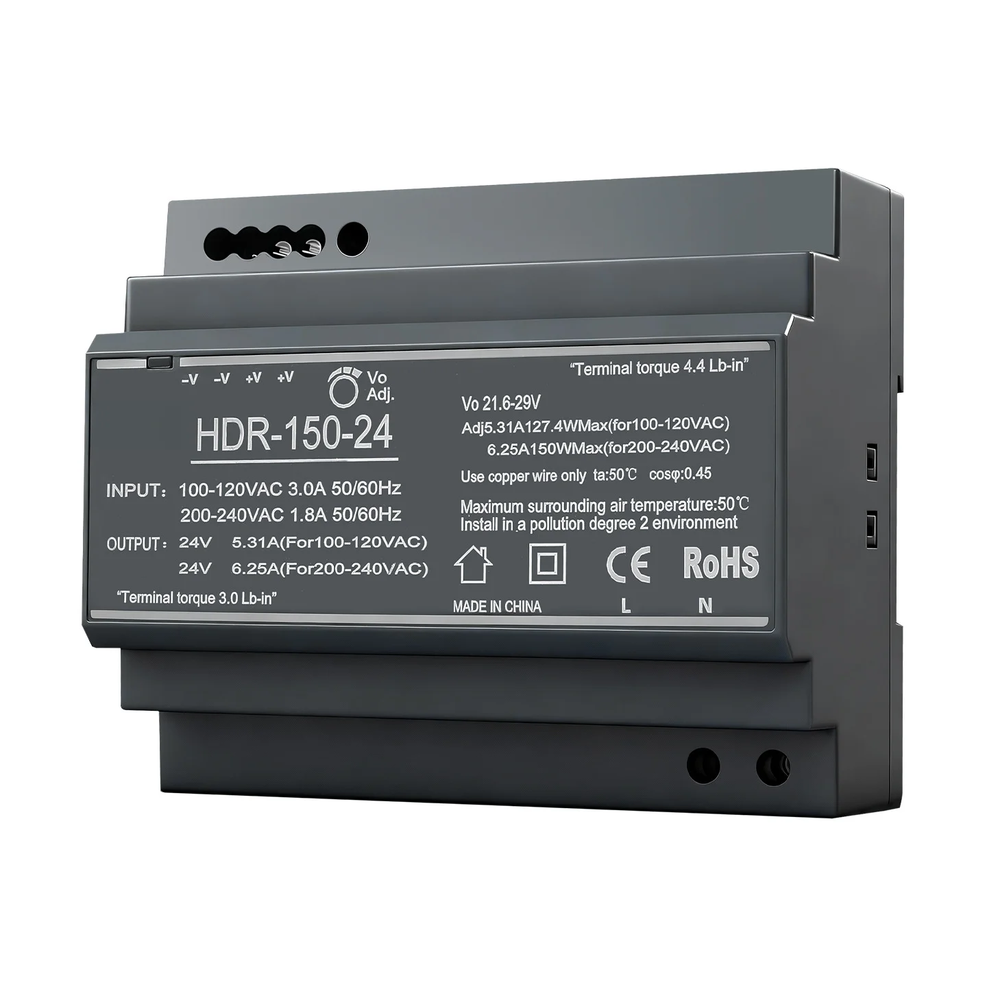 150W DIN Rail Power Supply 12V 12.5A 24V 6.25A, Compact Switching Transformer With Overload Short-Circuit Protection