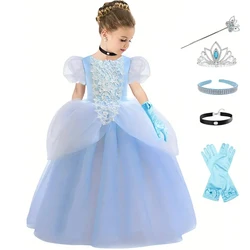 Halloween Role Play Costume Girl Embroidered Bubble Sleeves Princess Dress Carnival Birthday Party Lace Mesh Fluffy Dress
