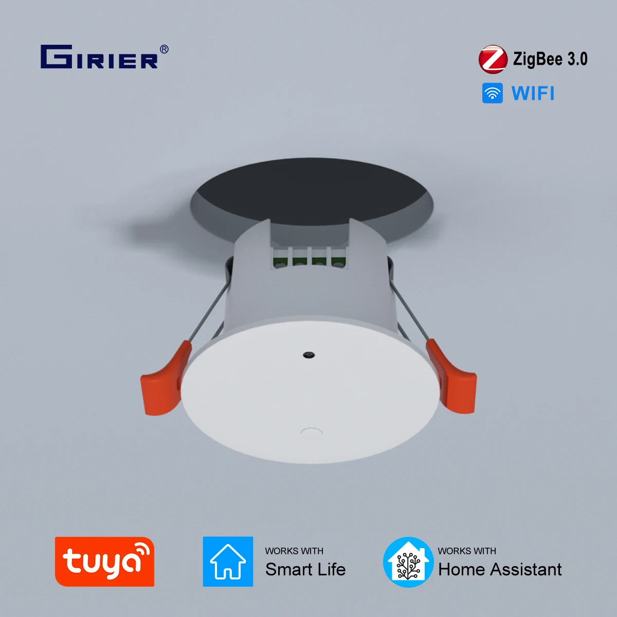 GIRIER Tuya ZigBee Human Presence Sensor Ceiling Mounted Smart Motion Sensor with Light Detector AC90-240V Input Work Smart Life