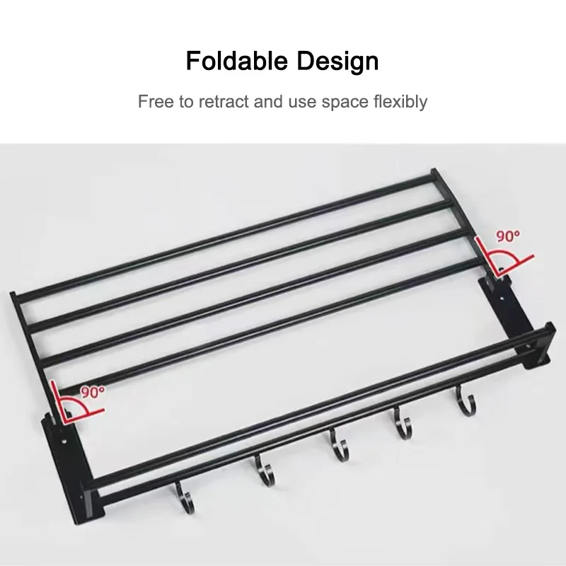 2 Layer Bathroom Towel Rack with Drilling Wall Mounted Folding Towel Hanger with Movable Hook Black Bath Towel Organizer Shelf