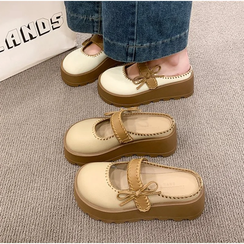 2026 Retro Chunky Platform Mules - Women's Mary Jane Slip-on Shoes with Thick Sole & Cute Bow