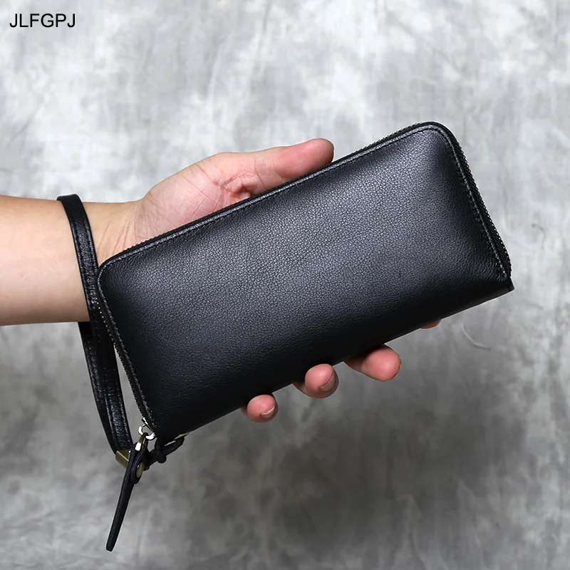 

Мужской длинный кошелек из натуральной кожи в стиле ретро с верхним слоем из воловьей кожи, простой дизайн с несколькими отделениями и ремешком на запястье, модный клатч