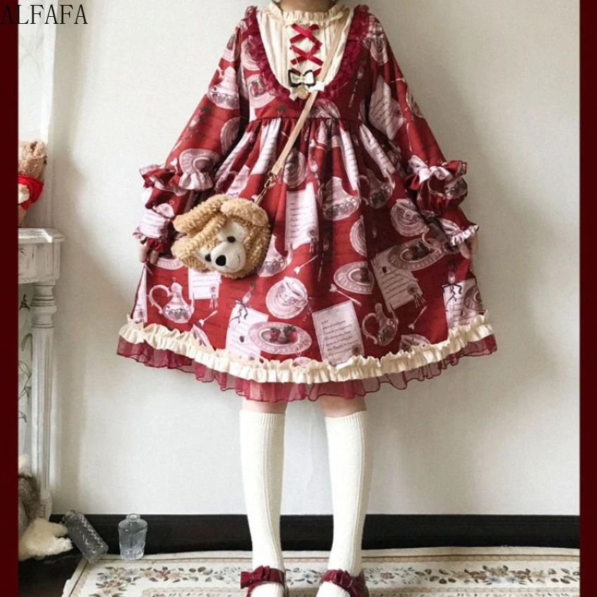 Robe Lolita Vintage en dentelle imprimée, col haut, col croisé, manches longues, vêtements de princesse, cadeau Jk Kawaii pour poupée fille